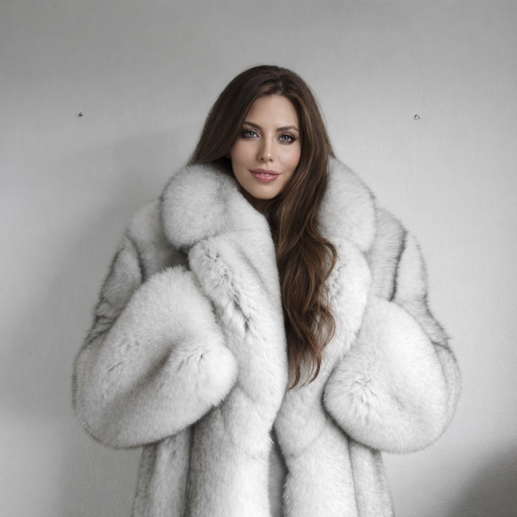 Blue fox fur coat lapel collar